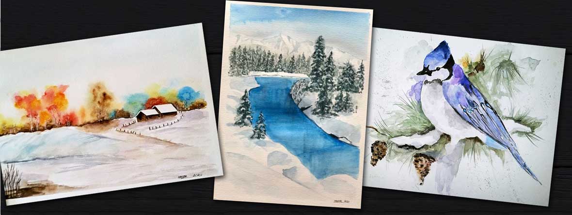 Aquarelles de paysages de neige et oiseau bleu, par Magdalena Komenza-Regnard.